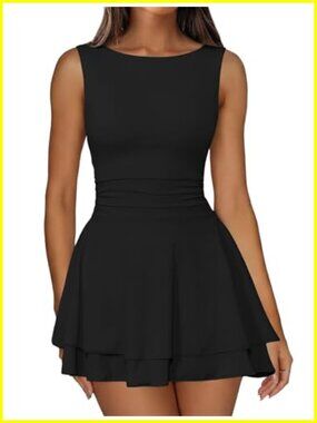 Boat Neck Sleeveless Mini Dress Tiered Ruffle Hem Cocktail Party Dress